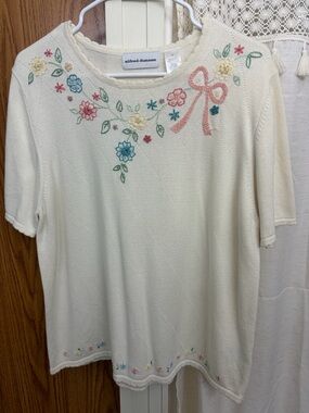 Alfred Dunner Cream Knit Top with Pastel Floral Embroidery and Pink Bow